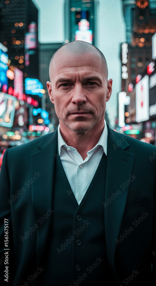 Fototapeta premium Close-up portrait of a bald man in a dark suit and white shirt, standing against a blurred city backdrop, conveying a sense of urban sophistication and professionalism