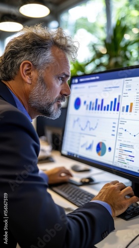 Business data consultant analyzing SaaS dashboard in modern co-working space with focus on customer segmentation and trend lines. Data scientist