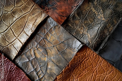 Close-up view of overlapping leather swatches in varying textures and brown/black/orange tones.