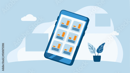 Smartphone displaying a dashboard interface with charts and graphs in a stylized design scheme