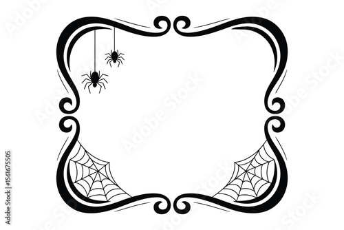 ornate black Halloween border with hanging spiders and cobwebs, corners, decorative swirls on a white background


