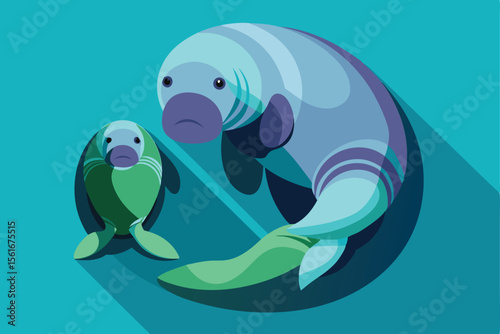 A fun, cute cartoon blue whale illustration with marine life swimming in the ocean