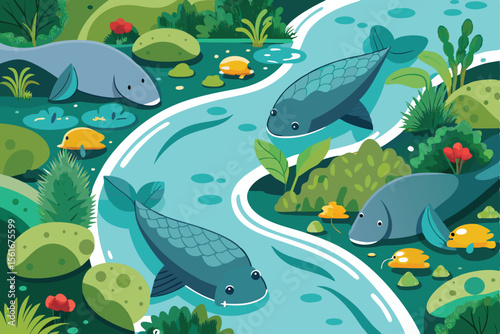 Seamless pattern with fun cartoon sea animals, fishes, dolphins, sharks, whales, and octopus for baby or nature design