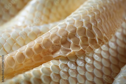 Close-up of overlapping light beige and white scales. The scales create a textured, rippled surface with shallow depth of field.