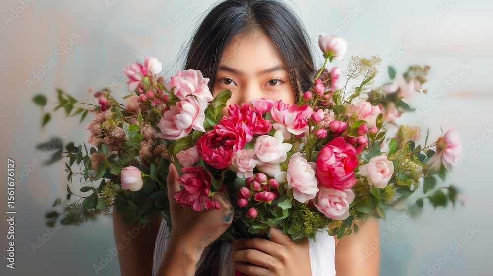 Girl holding a bouquet of pink flowers into her face Girl holding a bouquet of pink flowers into her face