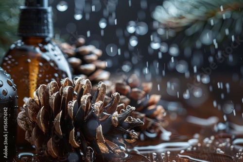 Close-up of pine cones, amber bottle, and a black bottle on a wet surface with falling water droplets