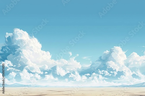 Illustration of a landscape featuring a blue sky with large white clouds above a tan land area. The scene is bright and airy.