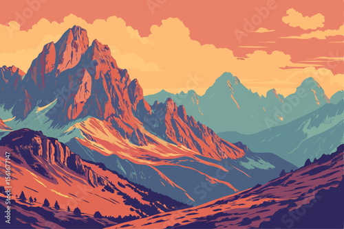 Vibrant mountain range illuminated by a colorful sunrise sky