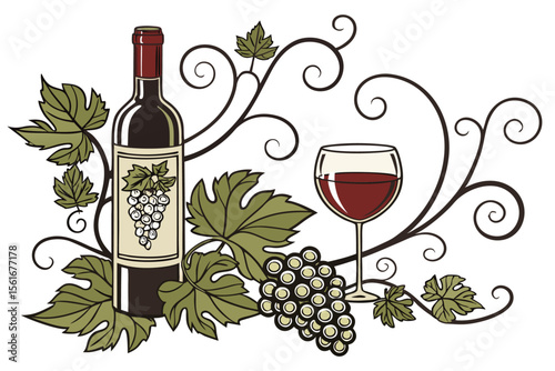 Elegant vector illustration of a wine bottle and glass with grapes