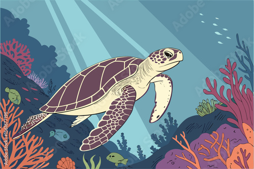 Detailed underwater sea turtle illustration with vibrant colors