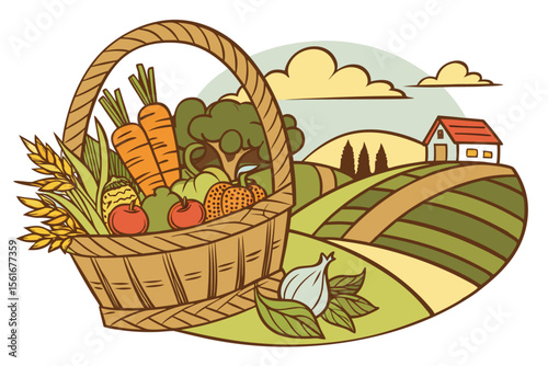 Rustic autumn farm vegetable basket overflowing with fresh produce