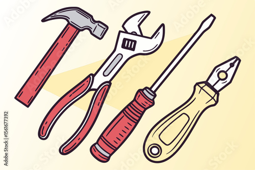 Collection of household tools including hammer and wrench in vibrant colors