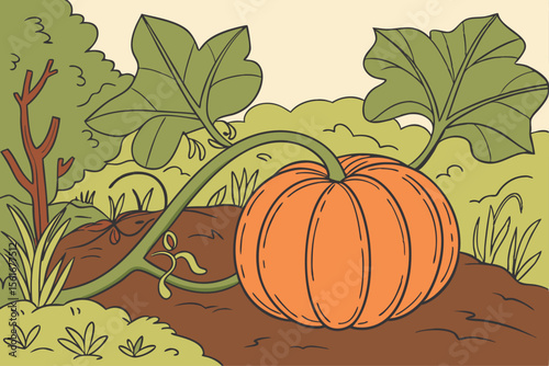 Detailed vector illustration of a ripe pumpkin in a garden setting