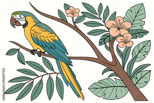 Detailed tropical parrot perched on a branch vector illustration