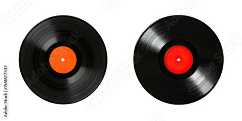 Two black vinyl records with orange and red labels