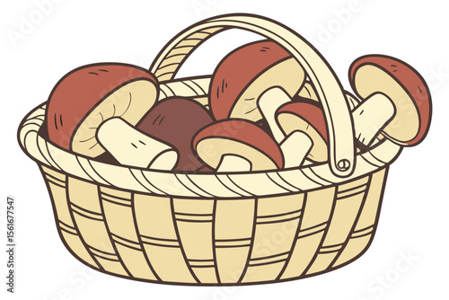 Artistic illustration of a woven basket overflowing with fresh natural mushrooms