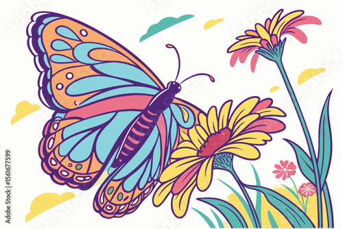 Vibrant and colorful butterfly illustration on a white background