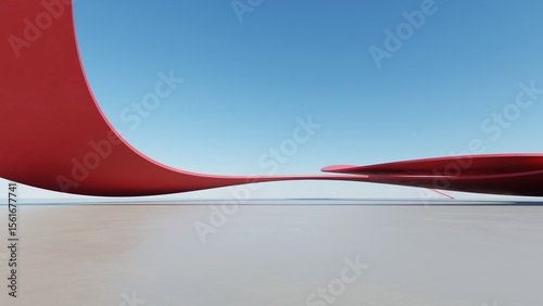 Fototapeta Naklejka Na Ścianę i Meble -  Abstract red curved architecture background, Empty wavy dynamic building space with empty concrete floor, Futuristic modern exterior for car presentation backdrop, 3d rendering