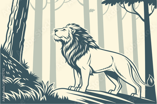 Majestic lion illustration in a lush forest setting
