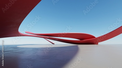 Fototapeta Naklejka Na Ścianę i Meble -  Abstract red curved architecture background, Empty wavy dynamic building space with empty concrete floor, Futuristic modern exterior for car presentation backdrop, 3d rendering