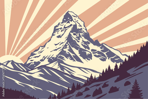 Majestic snow capped mountain peak in vibrant colors