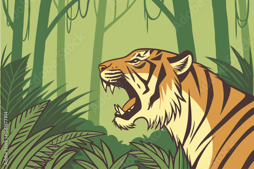 Realistic roaring tiger illustration in a lush jungle environment