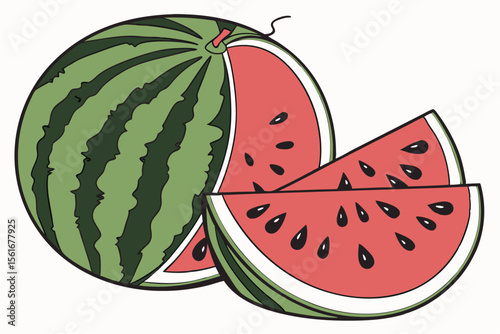 Realistic sliced watermelon with black seeds and green rind