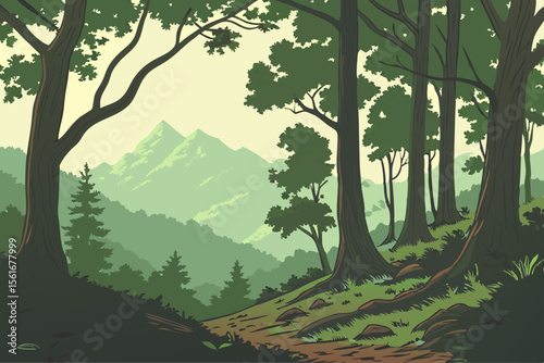 Vibrant dense forest landscape with majestic mountains and colorful sky