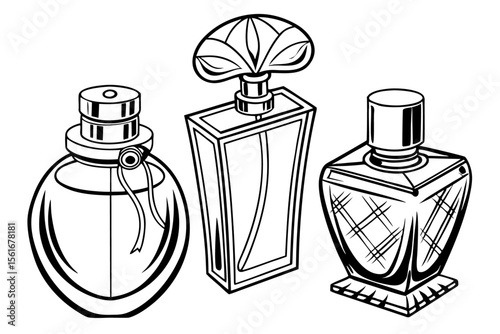 Elegant black outline illustrations of assorted perfume bottles