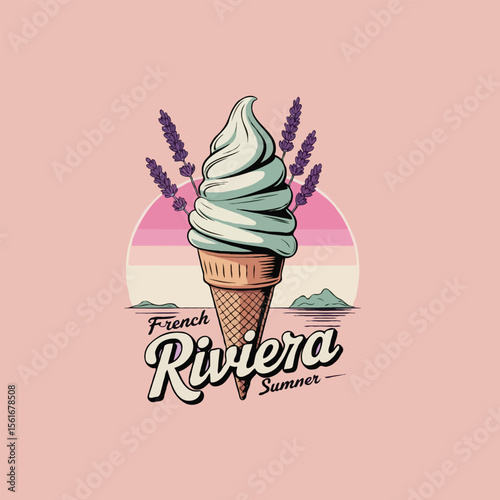 French riviera summer ice cream cone with lavender and coastal scenery