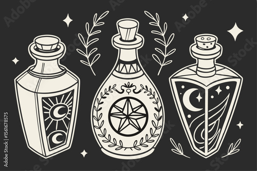 Collection of vintage apothecary and potion bottles with unique designs