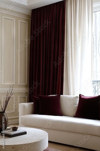 Elegant living room with burgundy and cream curtains