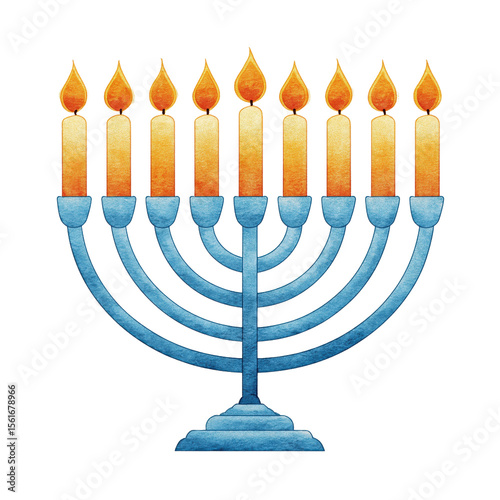 Menorah: A vibrant watercolor depiction of a traditional Menorah, a symbol of faith and heritage, ablaze with glowing candles against a soft backdrop.
