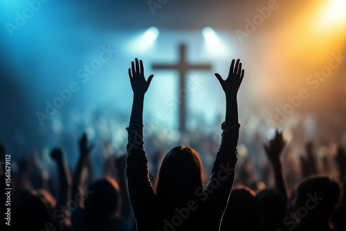  people raising their hands in worship at a church, with a cross on the stage background