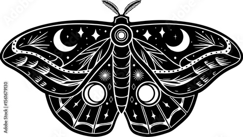 Detailed black and white illustration of a moth with celestial patterns on its wings design art