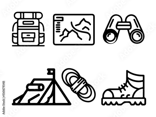 Camping and Hiking Equipment Line Icons Set