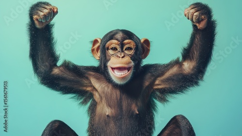 Happy chimpanzee with arms raised