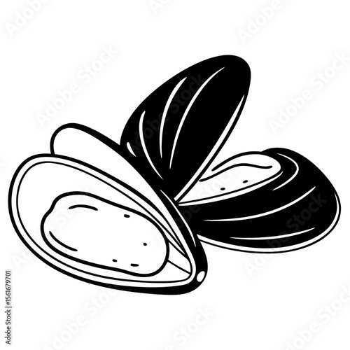 Black and White Illustration of Two Open Mussels on a White Background