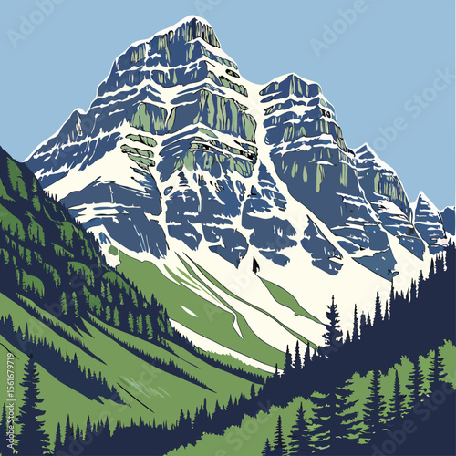 Snowy Mountain Peak with Lush Green Valley and Evergreen Forest Illustration