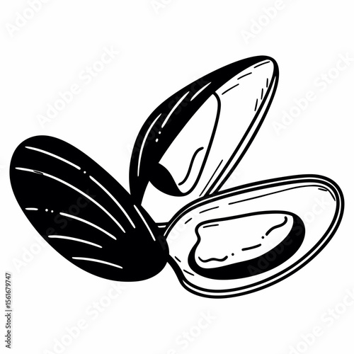 Black and White Illustration of Three Open Mussels on a White Background