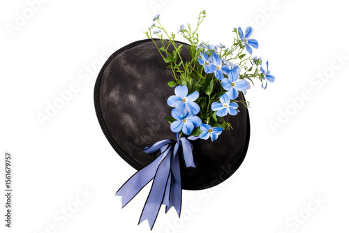 Vintage felt hat decorated with blue flowers and ribbon, cut out transparent