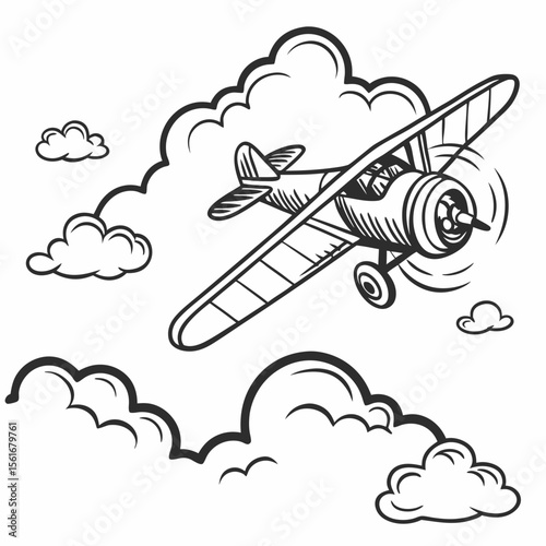 Vintage Biplane Soaring Through the Clouds A Black and White Illustration