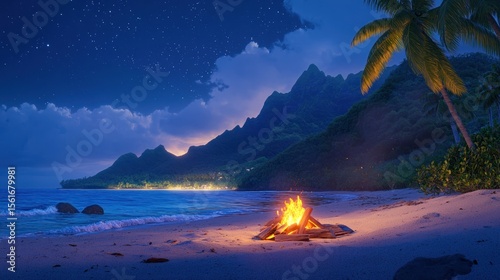Night beach bonfire, palm trees, starry sky, mountains