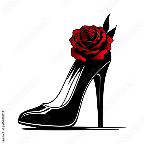 Elegant Silhouette black high heel shoe adorned with a vibrant red rose