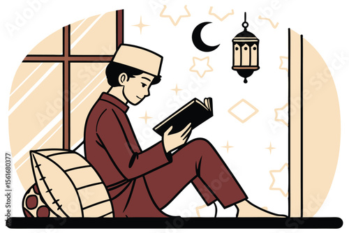 Muslim groom reading holy quran at home in traditional attire