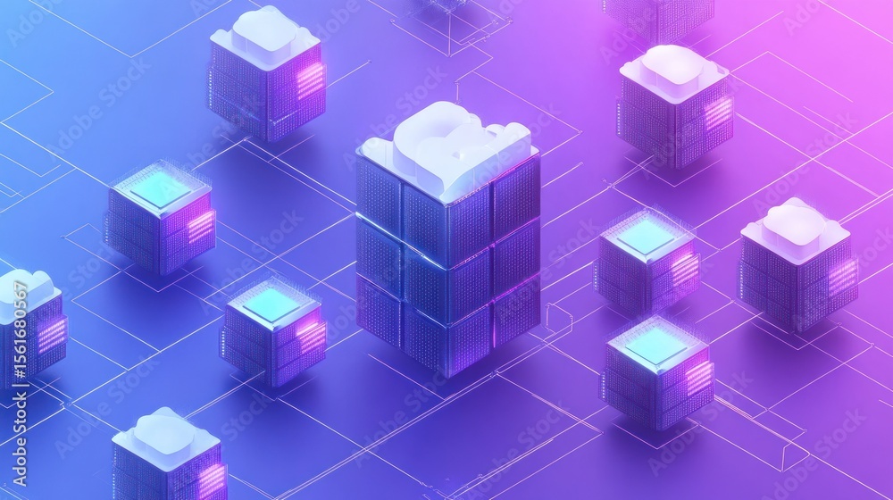 Obraz premium Abstract 3D render of interconnected, stylized cubes and clouds