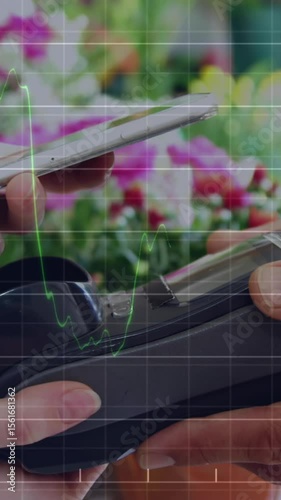 Animation of data processing over hands paying with smartphone
