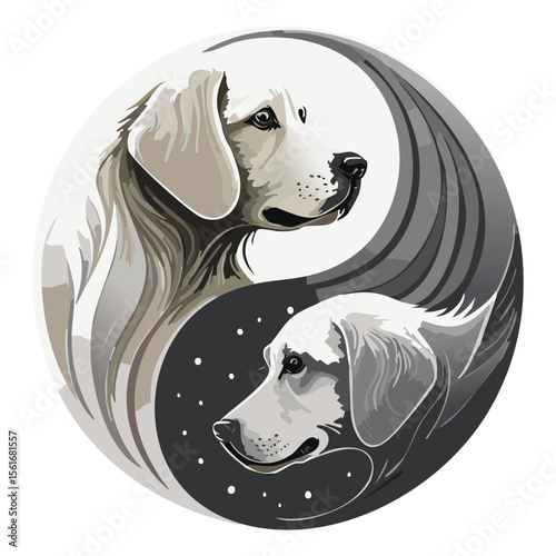 A minimalist logo design of two Labradors forming a yin yang symbol, clean vector style, smooth lines, harmonious and balanced, black and white color scheme, simple and elegant, modern logo, style log