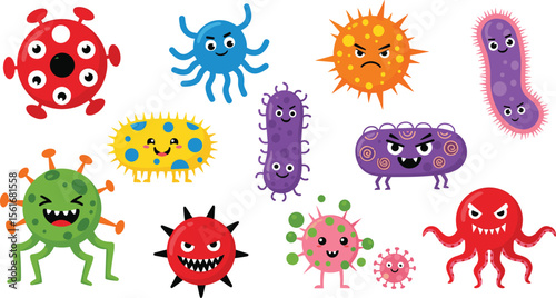 "Whimsical and Diverse Collection of Cartoon Germs, Bacteria, and Viruses Illustrating Microorganisms, Illness, Infection, and Health Education for Kids and Adults."