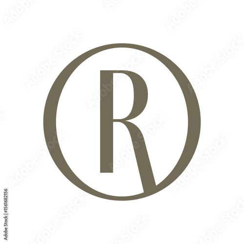A classic and elegant logo featuring a stylized uppercase "R" in a muted greyish-brown tone, enclosed within a matching circular outline